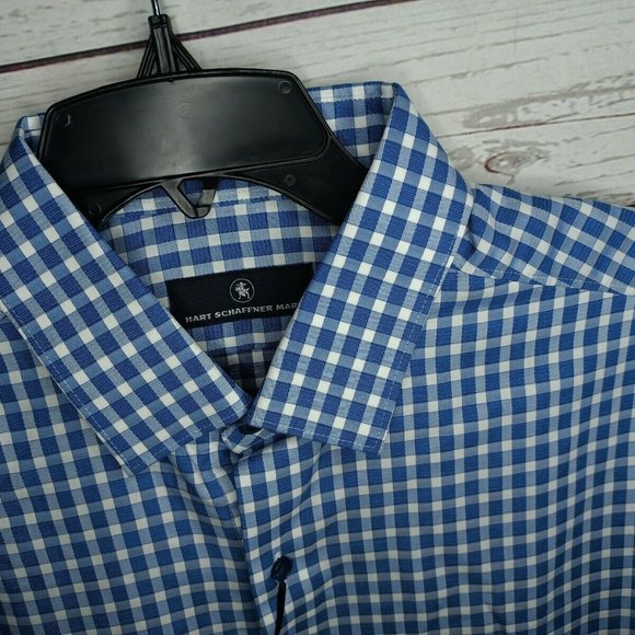 HART SCHAFFNER MARX PRINT MEN'S BLUE CHECKERED S/S SHIRT NEW - Picture 3 of 4
